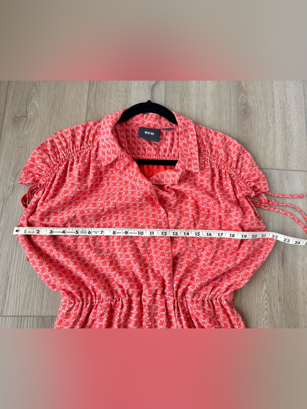 Anthro Maeve Carlotta Ruched Shirtdress Coral Print Tie Sleeve Sz S EUC flirty - Picture 15 of 16